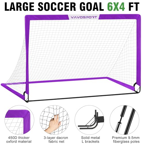 VAVOSPORT Soccer Goal, 2 of 6'x4' Kids Soccer Goals for Backyard Set, Portable Pop Up Soccer Net, Practice Soccer Training Equipment with Ball, Cones for Toddler,Youth Sports Outdoor Games Yard Play - color: Purple