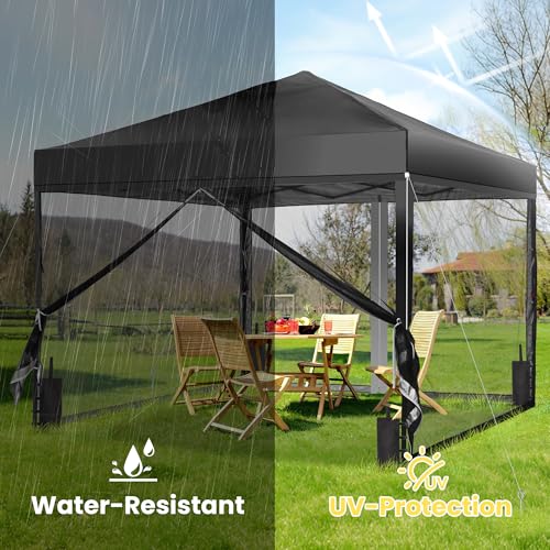 GDY 10x10 Pop up Canopy Tent with Mosquito Netting, Easy up Gazebo for Patio, Camping and Garden, Includes 4 Sandbags, Black - color: Black, size: 10x10 with Mosquito Netting