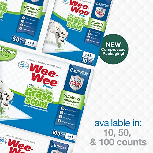 Four Paws Wee-Wee Ultimate Attractant Dog Pee Pads for Instinctive Training, Leak-Proof Floor Protection Dog & Puppy Quilted Potty Training Pads, Grass Scent, 22" x 23" (50 Count)