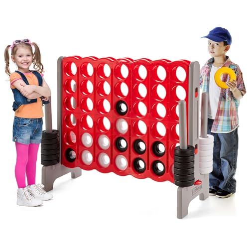 GLACER Giant 4-in-A-Row Game Set, 4-to-Score Game with Quick-Release Slider & 42 Jumbo Rings, 3.5FT Tall Outdoor Yard Games for Family Parties, Kids & Adults - color: Brown+red