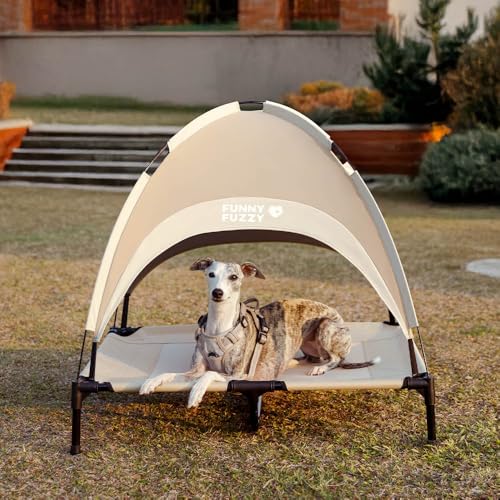 FUNNY FUZZY Elevated Dog Bed with Canopy for Large Dogs up to 120 lbs– Raised Dog Cot Bed with UV Shade,Waterproof,Breathable Mesh,Outdoor & Indoor Use,Portable,Khaki(36"×30"×7") - color: Khaki, size: Large