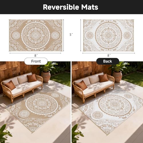 Pauwer Waterproof Outdoor Rug 5x8, Reversible Plastic Straw Patio Camping Rug, Indoor Outdoor RV Mat Carpet for Deck, Camper, Porch, Balcony, Backyard, Picnic, Paisley Brown - color: Paisley Brown, size: 5' x 8' (Rectangular)