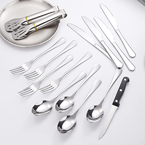 Camping Silverware Silver Picnic Plates and Utensils Set for 4 Portable Tableware Stainless Steel Dinnerware 20 Pieces With Organizer Bag Reusable Durable - size: 20, style: Silver Camping Flatware