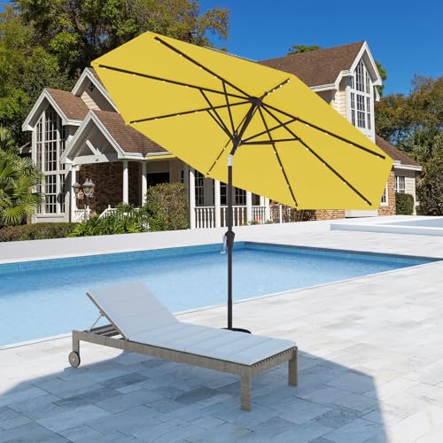 9FT Patio Umbrella with Solar Lights,Outdoor Market Umbrella with Tilt and Crank, LED Lighted Table Umbrella for Garden,Deck,Backyard,Pool,Beach (Yellow) - color: Yellow