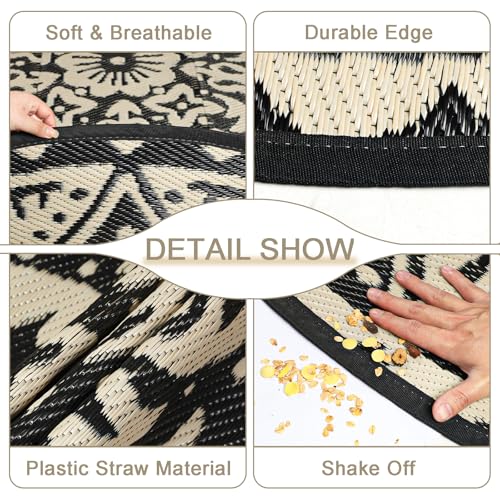 Capslpad 6x6 Floral Outdoor Rug for Patio Clearance Reversible Mat Round Portable Plastic Straw Carpet Waterproof Boho Outside Area Rug for RV Camping Picnic Tent Balcony Beach Deck, Black and Brown - color: Black&brown, size: 6' (Round)