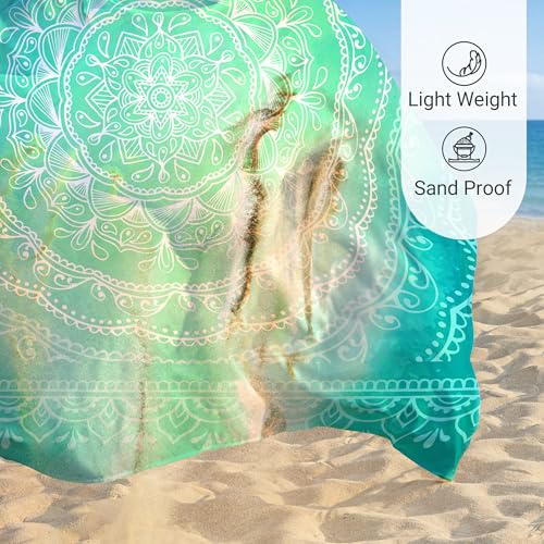 Sunlit Silky Soft Sand Proof Beach Blanket 106"x81" / 85"x72" Sand Proof Mat with Corner Pockets and Mesh Bag for Beach Party, Travel, Camping and Outdoor Music Festival, Mandala - color: Turquoise, size: 120"x108"