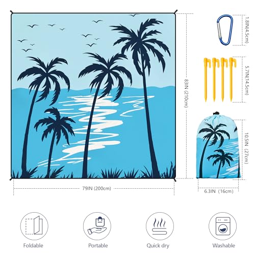 HIHOHO Beach Blanket Waterproof Sandproof Extra Large Beach Mat 79" X 83"/120"x108"for 1-8 Adults Quick Drying Durable Outdoor Picnic Mat for Beach Travel Camping Hiking - color: Coconut Tree - Blue Sky, size: 79" X 83"（1~3 person）