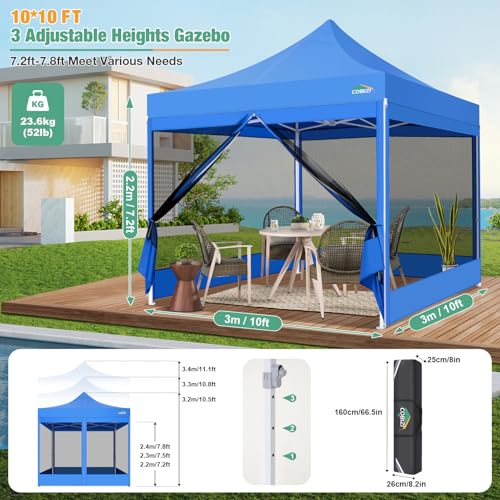 COBIZI Canopy Tent 10x10 Heavy Duty, Pop Up Gazebo with Netting Screened, Waterproof Ez up Canopy with Sidewalls, Outdoor Instant Screen House Tent for Party, Backyard, Wedding, Birthday, Blue - color: Blue, size: 10x10FT