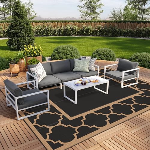 GENIMO 10 ' x 14 ' Outdoor Rug Waterproof for Patio Decor, Foldable Reversible Plastic Straw Area Rugs Mat for Camper, Outside Carpet for Rv, Deck, Porch, Picnic, Beach, Balcony, Black & Brown - color: Black&brown, size: 10' x 14' (Rectangular)