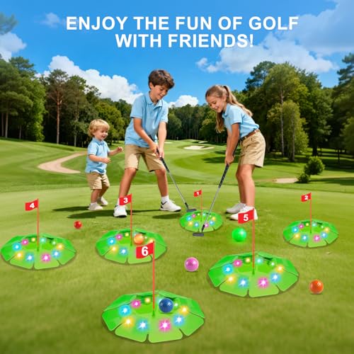 TERRAMUS Light Up Golf Play Set - Upgraded Kids Toy Golf Putting Game Set with 6 LED Targets, 2 Clubs, 6 Balls (2 Glow), Night Golf Toys Gifts for Kids Golfers Family Indoor Outdoor Beach Lawn Park - color: Green