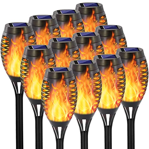 EOYIZW 12 Pack Solar Torch Light with Flickering Flame, 12 LEDs Solar Lights Outdoor, IP65 Waterproof Tiki Torches for Outside Landscape Decoration Outdoor Lights for Garden Yard Patio - color: Yellow, size: 12LED-12Pack