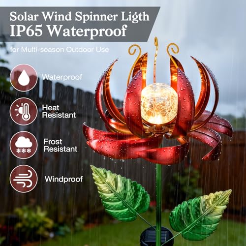 Solar Yard Lights Wind Spinners- Metal Lotus Flower Garden Decor LED Crackle Glass Globe Yard Art Sculpture Solar Stake Lights for Patio Pathway Lawn Walkway (Red-Large) - color: Red-large