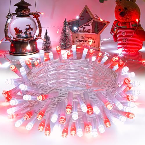 cshare Red and White Christmas Lights Outdoor Battery Operated, Chrristmas String Lights with Timer Waterproof Clear Wire for Indoor & Outdoor Christmas Decorations Garland Party Garden - color: Red and White