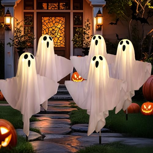 Halloween Decorations Solar Halloween Ghost Lights - Outdoor Ground Stake Spooky Decorations Ghosts for Yard Lawn Patio Porch Holiday Decor (Set of 5)