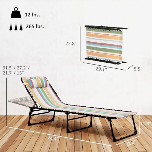 Outsunny Folding Chaise Lounge Chair, Patio Sun Tanning Chair, Outdoor Chaise Lounger with 4-Position Reclining Back, Breathable Mesh Seat for Beach, Poolside, Yard, Rainbow Striped - color: Rainbow Striped, size: 1 Pack