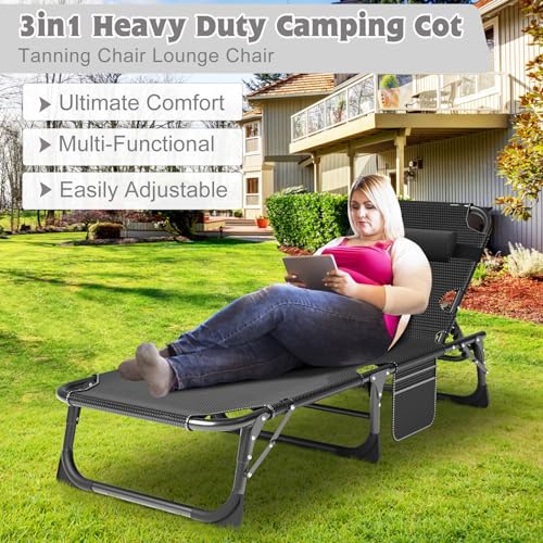 ABORON Heavy Duty Tanning Chair,Outdoor 5-Position Folding Chaise Lounge Chair with Pad,Portable Beach Lounge Chair for Outdoor Sunbathing Patio Pool Lawn Deck Poolside - color: Deep Black, style: Lounge Chair