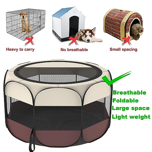 Portable Pet Puppy Dog Cat Playpen, 8-Panel Indoor/Outdoor Puppy Pen with Shade Cover & Travel Bag - Waterproof Dog Cat Tent - color: Brown, style: Medium(36"x36"x23" with free bonus)