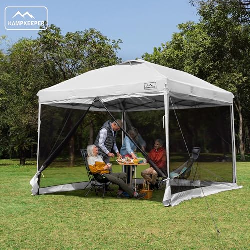 KAMPKEEPER 10x10 Pop-Up Canopy Tent, Waterproof Portable Shade with Screen Walls, Adjustable Instant Outdoor Shelter for Camping, Backyard, and Events, White - color: White
