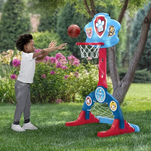 Delta Children PAW Patrol 4-in-1 Sports Center – Adjustable Easy Score Basketball Hoop, Soccer/Hockey Net and Golf Game, Blue - color: Paw Patrol