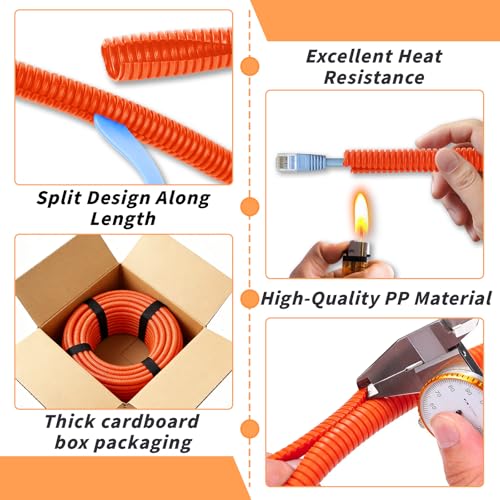 250FT Orange Split Wire Loom Tubing, 1/4 Inch Wire Protector Tubing, Automotive Wire Flexible Conduit Cord Covers with 50 Cable Ties for Automotive Marine Agriculture Electrical Cable Protection - color: Orange, size: 1/4in x 250ft