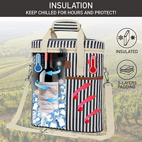 Opux 3-Bottle Wine Carrier Tote, Insulated Leakproof Cooler Bag, Portable Wine Bottle Tote for Picnic, BYOB, Beach - Stripe - color: Navy Stripes