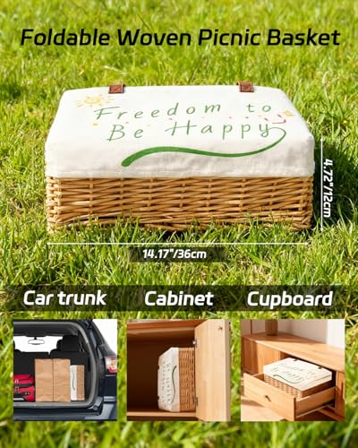 Insulated Picnic Basket Wicker Picnic Basket with 23.7L Canvas and Willow Folding Collapsible Shopping Baskets with Drawstring Closure, Insulated Waterproof Lining for Camping,Wedding Gifts - size: Rectangle With Insulated Lining