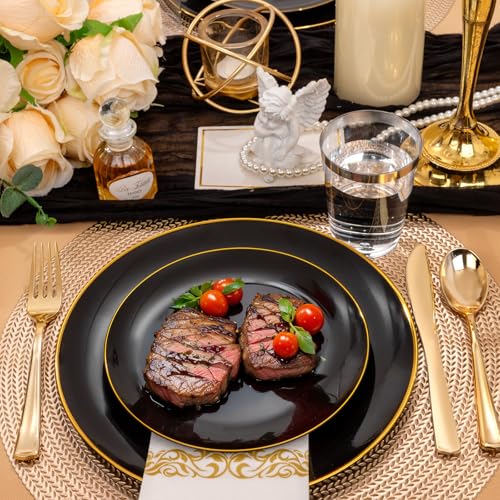 Supernal 350pcs Black & Gold Plastic Dinnerware Set, Elegant Black Plates with Golden Edges, Gold Plastic Silverware, Durable Tableware Perfect for Birthdays, Parties, Wedding, Celebration - color: 350pcs Black Plastic Plates with Gold Rim