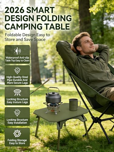 Foldable Camping Table | Adjustable Height Portable Camp Table for Backpacking, Picnic & Car Travel | Compact Small Folding Table with Carrying Bag & Cup Coasters | Camping Essentials