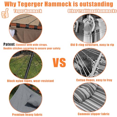 TegerDeger 12FT 2 Person Hammock with Stand Included 55 x 79IN Large Hammock 450LB Capacity with Hardwood Spreader Bar & Nylon Rope for Outside, Patio, Garden, Backyard, Beach, Poolside - Brown - color: Brown