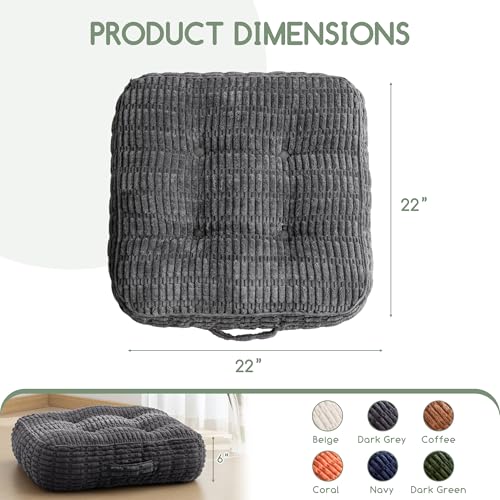 6" Washable Floor Pillow Cushion for Adults, Meditation Cushion Pillow, Removable Tufted Blended Corduroy Cover, Large Square Floor Sitting for Tatami Living Room or Yoga, 22x22 Inch, Machine Washable - color: Square Dark Grey, size: 6" Thick(Pack of 1)