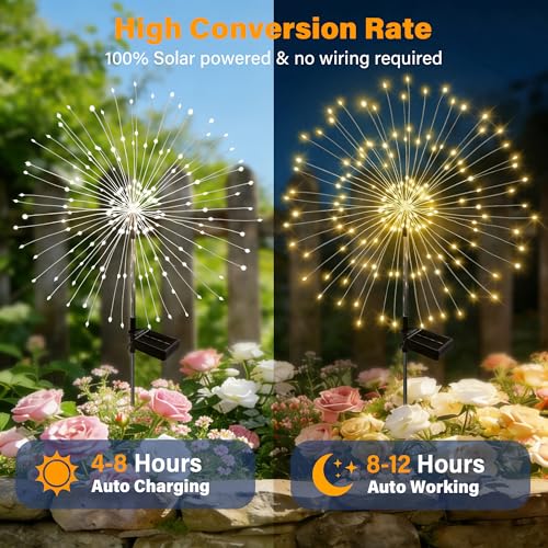 Solar Garden Lights Outdoor Decor Waterproof, 3Pack 120LED Firework Lights for Garden Decorative, Fairy Lights Solar Powered for Yard, Patio,Pathway,Flowerbed,Planter,Party(Warm White) - size: 3 Pack