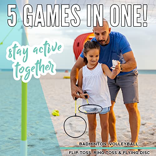 Franklin Sports Fun 5 Combo Outdoor Game Set - Backyard, Beach + Camping Games for Kids - Badminton, Volleyball, Flip Toss, Flying Disc - Horseshoes or Ring Toss - style: Yellow Combo Set