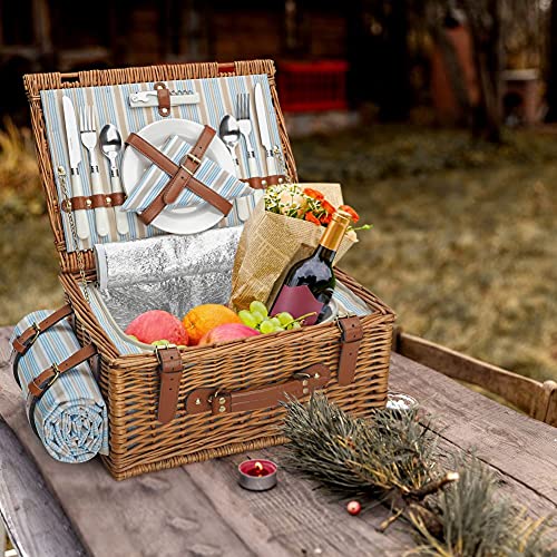 Picnic Basket Set for 2 Persons, Willow Hamper with Large Insulated Cooler Compartment, Waterproof Blanket and Cutlery Service Kit-Classical Brown - color: Light Honey Color for 2 Persons