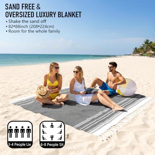 Yongoes Oversized Turkish Beach Towel Blanket Cotton Giant XL Sandproof Towels Huge Linen XXL Extra Large Big Throw Quilt Blankets for Adults Cloud Travel Camping Glamping Accessories Essentials - color: Black, size: Extra Large 82"x88"（208x224cm）