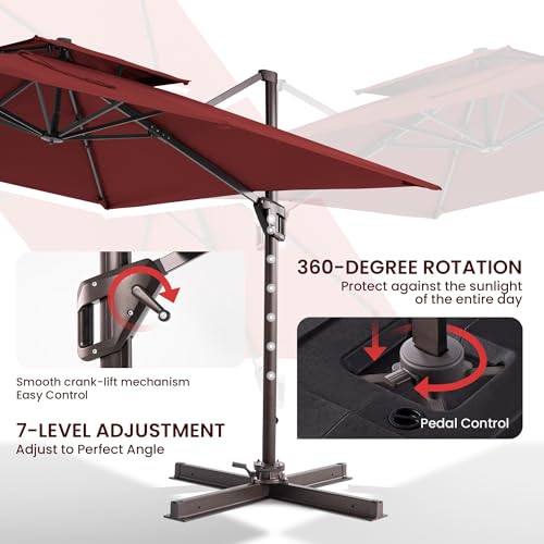 10x10 FT Cantilever Patio Umbrella Double Top Outdoor Square Large Heavy Duty Aluminum Offset Umbrellas with 7 Level Tilt 360-degree Rotation for Pool Garden Deck, Wine Red - color: Wine Red, size: 10' X 10' - Umbrella Only