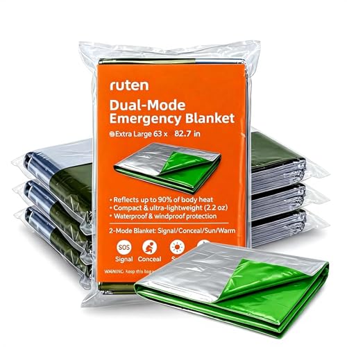 Ruten Double-Sided Green/Silver Thermal Emergency Blanket (4-Pack) - Extra Large 63x82.7 Heavy Duty Mylar Foil Space Blankets for Camping, Car, Hiking, Survival Kits - Windproof & Waterproof