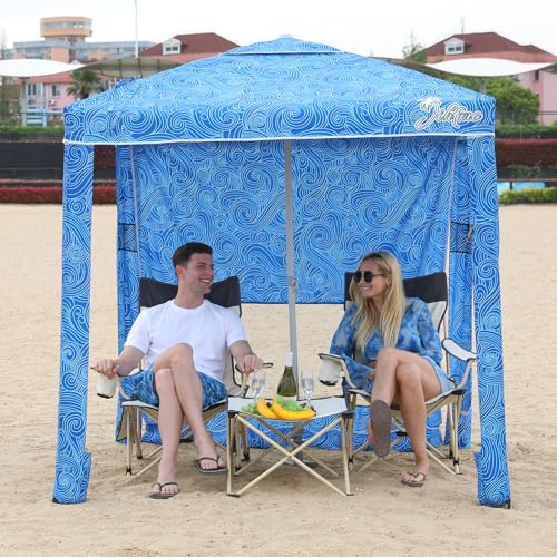 Jihfmo Beach Cabana, 6.2'×6.2' Beach Canopy with Side Wall, UPF 50+ UV Protection Easy Setup Tent Sun Shelter with Sand Pockets for Whole Family(Surging Waves) - color: Surging Waves
