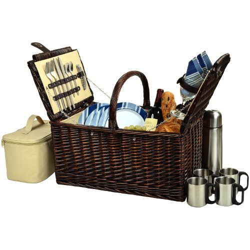Picnic at Ascot Buckingham Picnic Willow Picnic Basket with Service for 4 and Coffee Service - Designed, Assembled & Quality Approved in the USA - color: Brown Wicker- Blue Stripe Plates/Napkins