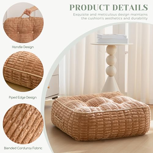 8" Washable Floor Pillow Cushion for Adults, Meditation Cushion Pillow, Removable Tufted Blended Corduroy Cover, Large Square Floor Sitting for Tatami Living Room or Yoga, 2Pack, Machine Washable - color: Square Coffee, size: 8" Thick(pack of 2)