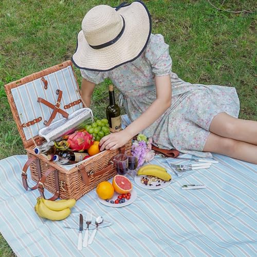 Picnic Basket Set for 4 Persons - Picnic Baskets with Large Insulated Cooler Compartment, Adjustable Shoulder Strap, Willow Hamper and Waterproof Blanket Set with Cutlery Service Kit - color: Light Tan for 4 Persons With Strap