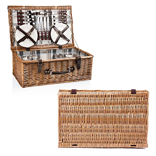 PICNIC TIME Newbury Picnic Basket for 4, Romantic English-Style Wooden Wicker Basket with Deluxe Service for 4, Fully-lined Interior, Leatherette Lid-locking Buckle, and Flat-lid Design, (Navy Blue)
