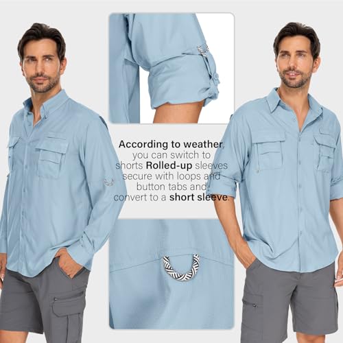 Mens Safari Shirts Long Sleeve UV Protection Hiking Fishing UPF 50+ Quick Dry Camping Travel Shirts - color: Blue, size: Small