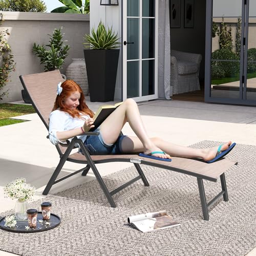 Crestlive Products Folding Patio Chaise Lounge Chair Outdoor, Aluminum Adjustable Outdoor Pool Recliner Chair, Assemble-Free, 8 Positions - color: Espresso, size: 1 Pcs