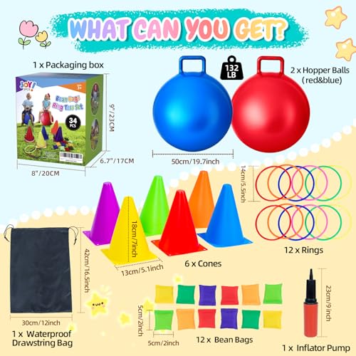 JOY SPOT! Carnival Outdoor Games Combo Set for Kids, 18 Inch Hopper Balls with Handles, Ring Toss, Bean Bags, Egg Spoon Relay Race, Fun for Backyard, Field Day, School, Birthday Parties, Family Events - style: Standard