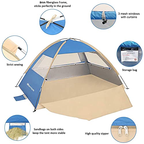 Gorich Beach Tent Sun Shelter for 3/4/6/8/10 Person with UPF 50＋ UV Protection, Lightweight & Easy Setup Beach Shade Canopy, Portable Beach Shade Tent Beach Cabana - color: Sapphire Blue, size: 3 Person