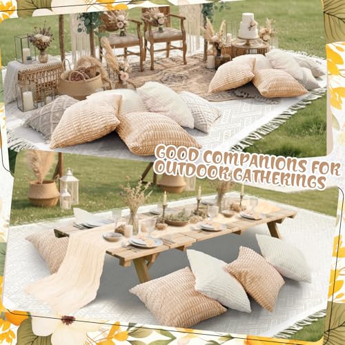 Beeveer 91 x 71 Extra Large Outdoor Boho Picnic Blanket with Beige White Table Runner, 6 Throw Pillow Covers 6 Napkins Woven Cotton Yarn Oversize Beach Blanket Washable Picnic Camp Wedding - color: Beige White