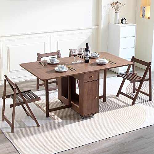 COMUHOME Extendable Drop Leaf Foldable Dining Table with 2 Drawers and 4 Wheels for Living Room Kitchen Farmhouse Space Saving Table in Walnut - color: Walnut