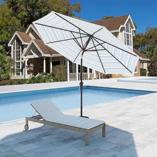 9FT Patio Umbrella with Solar Lights,Outdoor Market Umbrella with Tilt and Crank, LED Lighted Table Umbrella for Garden,Deck,Backyard,Pool,Beach (Blue Green Stripes) - color: Blue Green Stripes