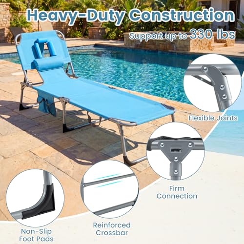 COSTWAY Tanning Chair with Face Hole, Folding Beach Lounge Chair with 4-Position Adjustable Backrest, Pillow & Side Pocket, Foldable Chaise Lounge Chair Outdoor for Sunbathing, Camping (1, Blue) - color: Blue