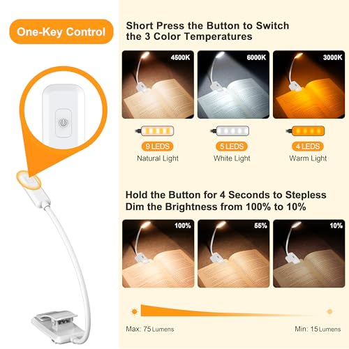 Gritin 9 LED Rechargeable Book Light for Reading in Bed -Eye Caring 3 Color Temperatures,Stepless Dimming Brightness,80 Hrs Runtime Small Lightweight Clip On Book Reading Light for Studying-White - color: ‎White